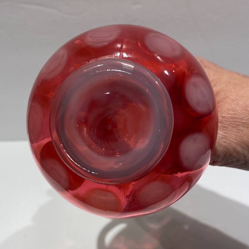 Fenton Cranberry Opalescent Optic Thumbprint Pitcher/Cruet With Applied Handle - Picture 8 of 9